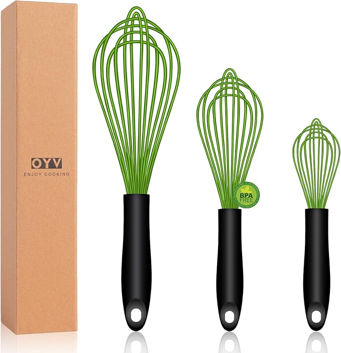 Dishwasher Safe Green Silicone Whisk, Sealed Waterproof Design Set of 3, Professional Kitchen Whisks for Cooking Non-Scratch, Silicone & Stainless Steel Whisk, Heat Resistant Balloon Egg Beater