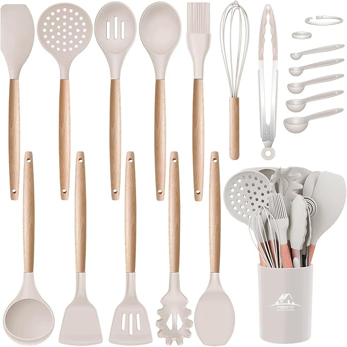 MIBOTE Silicone Cooking Kitchen Utensils Set with Holder, Wooden Handles BPA Free Non Toxic Silicone Turner Tongs Spatula Spoon Kitchen Gadgets Utensil Set for Nonstick Cookware (Khaki)