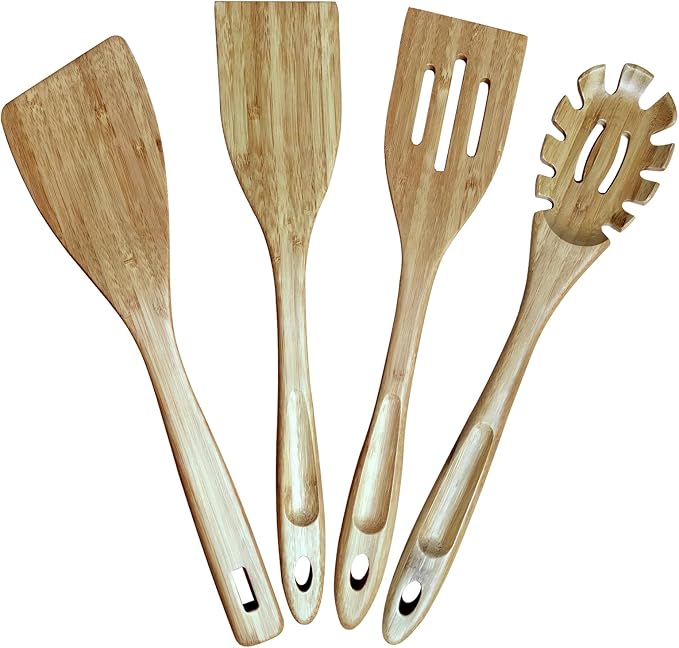GEEKHOM Bamboo Spatulas for Nonstick Cookware, 13 Inch Wooden Kitchen Utensils, 4 Pack Wooden Spatula for Cooking, Slotted Wok Turners, Flipper for Pancake, Fish, Egg