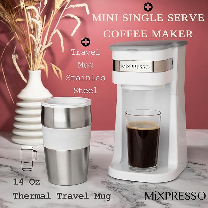 Mixpresso White Personal Single Serve Coffee Maker with 14oz Travel Mug, Drip Small Coffee Maker with Auto Shut Off, Reusable Filter, Works with Ground Coffee Only – Not for K-Cup Pods