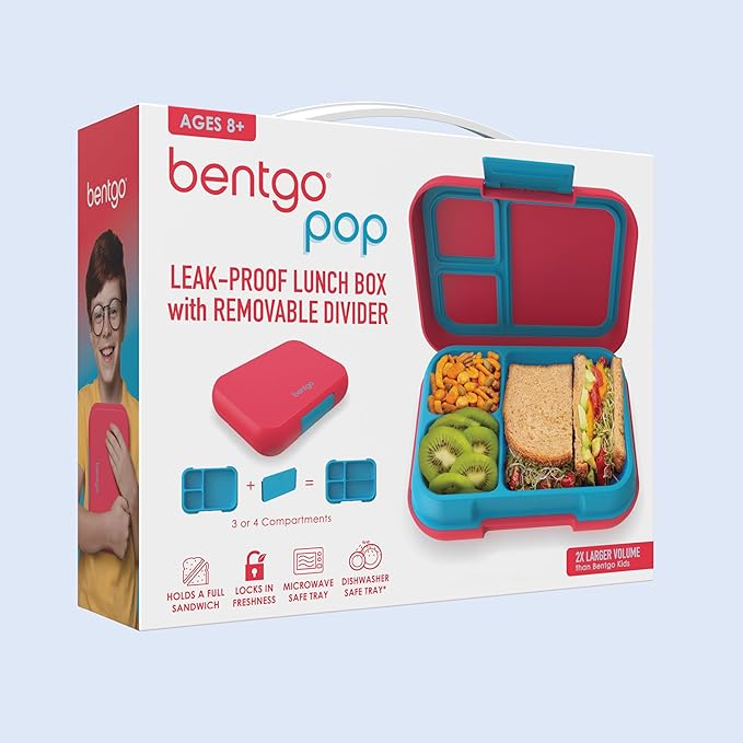 Bentgo Pop - Leak-Proof Lunch Box & Removable Divider for Ages 8+ & Teens - Lunch Container Holds 5 Cups of Food; 3-4 Compartments; Microwave/Dishwasher Safe; 2 Year Warranty (Flame Red/Turquoise)