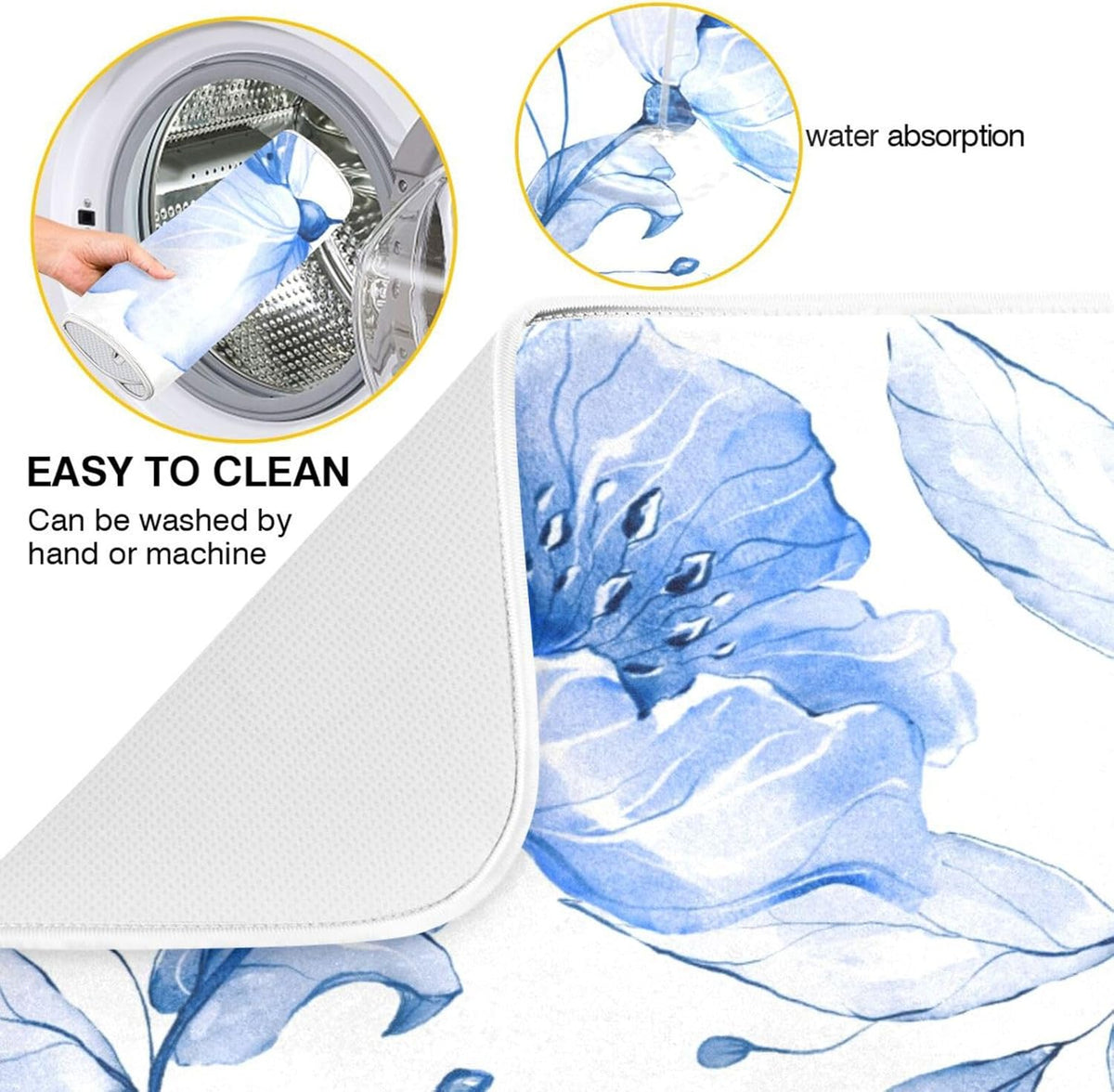 Spring Blue Flowers Leaves Dish Drying Mat for Kitchen Counter Absorbent Microfiber Drying Pad, Large 18x24 in, Reversible Drainer Mats