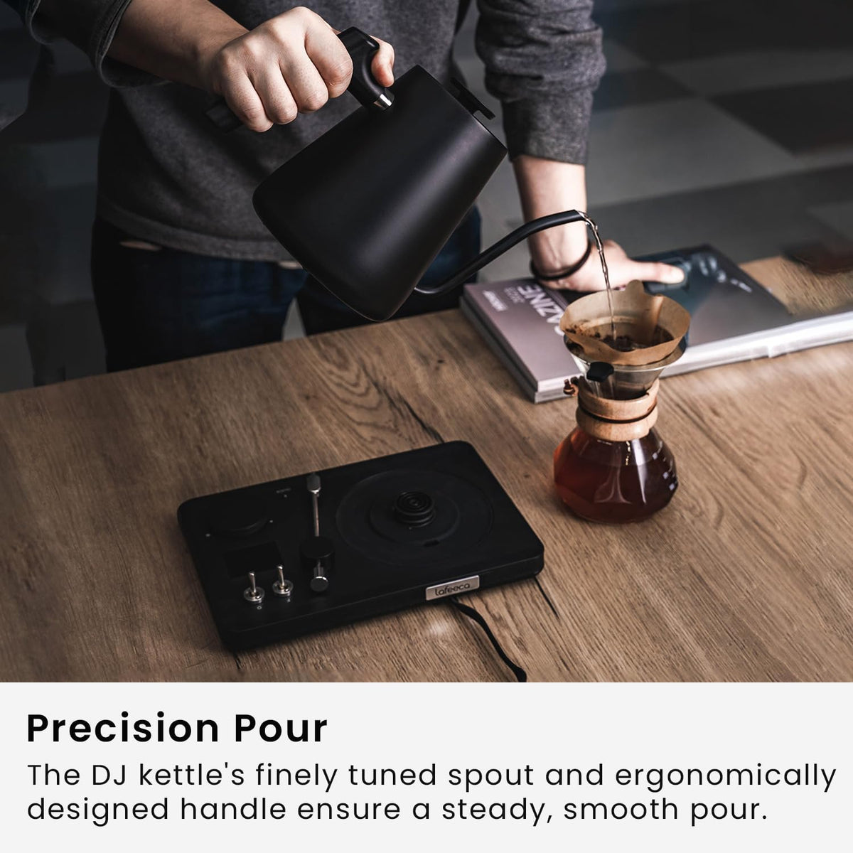 DJ Electric Gooseneck Kettle for Pour Over Coffee & Tea - Water Boiler - Turntable Design - Quick Heating & Temperature Control - Copper
