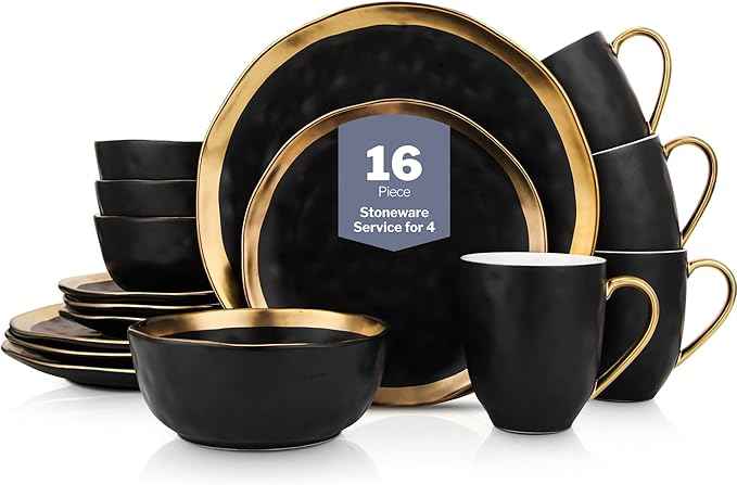 Stone Lain Florian Modern Porcelain 16 Piece Dinnerware Set, Plates and Bowls Set, Dish set for 4, Black And Golden Rim