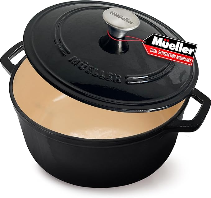 MUELLER HOME 6 Quart Enameled Cast Iron Pot Dutch Oven, Heavy-Duty Oven-Safe up to 500° F, & Across All Cooktops, Casserole Dishes for Ovens, Bread Pan with Lid and Knob, Cast Iron Cookware, Black