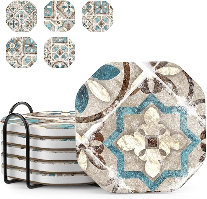 UMIRRO Drinks Coasters for Coffee Table Decor, Rustic Retro Boho Farmhouse Coasters, Absorbent Cup Mats for Wooden Table, Mandala Style, Unique Vintage Tile Design, Brown, 4", Set of 6