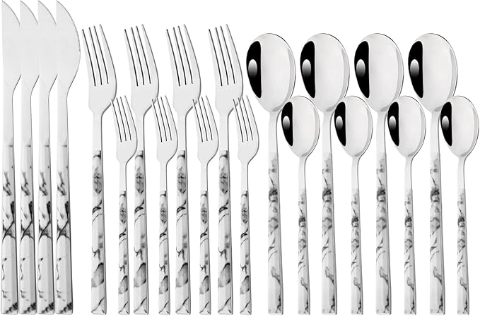 20 Piece (4 Set) Silver Stainless Steel Tableware With White Marble Handle, Wedding Cutlery And Daily Use, Silverware For Home Restaurant Party, Mirror Finished