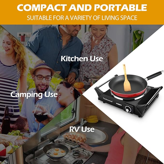 Techwood Hot Plate Portable Electric Stove 1500W Countertop Single Burner with Adjustable Temperature & Stay Cool Handles, 7.3” Cooktop for Dorm Office/Home/Camp, Compatible for All Cookwares