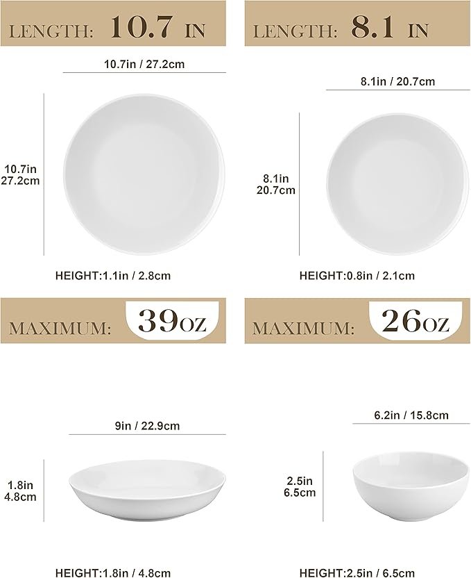 MALACASA 24-Piece Gourmet Porcelain Dinnerware Sets, Modern White Round Dish Set for 6 - Premium Serving Plates and Bowls Sets for Dessert, Salad, Soup, Pasta - Series AMELIA
