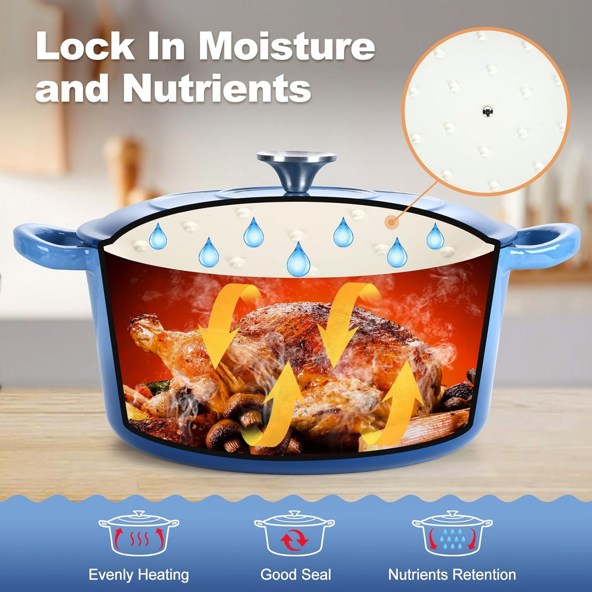 P&P CHEF 7QT Enameled Dutch Oven, Cast Iron Dutch Oven Pot with Lid for Bread Baking, Enameled Casserole Pot for Roasting Braising Stewing Frying Simmering, Various Stoves & Easy Clean, Blue