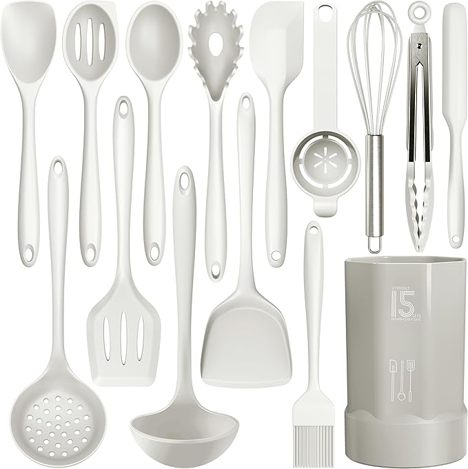 AOTHOD Silicone Cooking Utensils Set - 446°F Heat Resistant Silicone Kitchen Utensils,Spatula,Spoon, Kitchen Utensil Sets Gadgets Tools Set for Nonstick Cookware,Dishwasher Safe Bpa Free (Cream White)