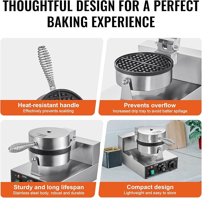 VEVOR Commercial Waffle Maker, 1230W Round Waffle Baker Machine, Non-Stick Stainless Steel Belgian Waffle Iron with Temperature and Time Control, Handle, for Restaurant Bakery Snack Bar Family