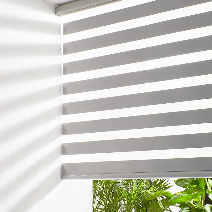 Persilux Cordless Zebra Shades (27" W X 64" H, Grey) Free-Stop Window Shades Dual Layer Light Control for Day and Night, Light Filtering Sheer Blinds for Windows, Easy to Install