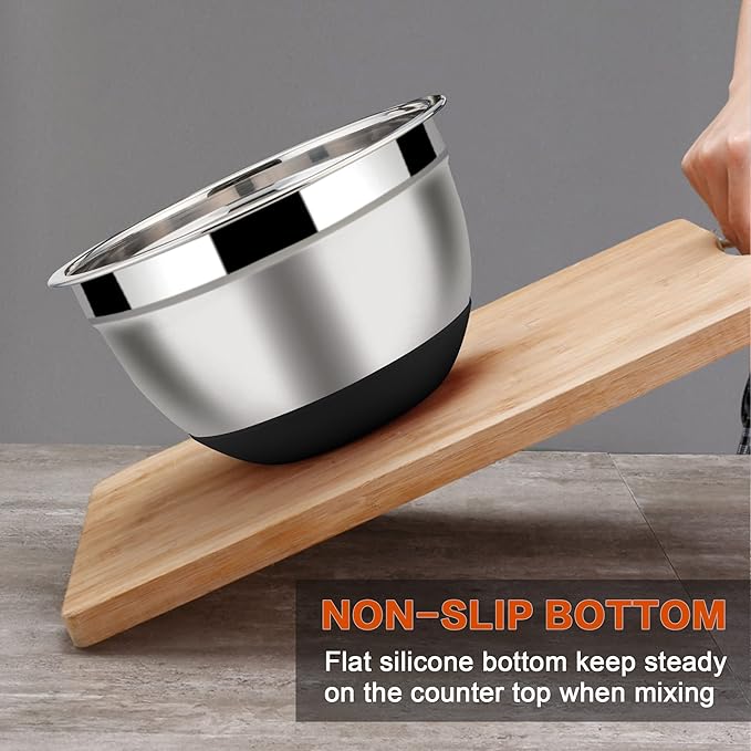 LIANYU Stainless Steel Nesting Mixing Bowls Set of 6 with Airtight Lids, Size 7, 3.5, 2.5, 2, 1.5, 1QT, Large Metal Bowls for Baking Cooking Food Storage, Non-slip Bottom, Black