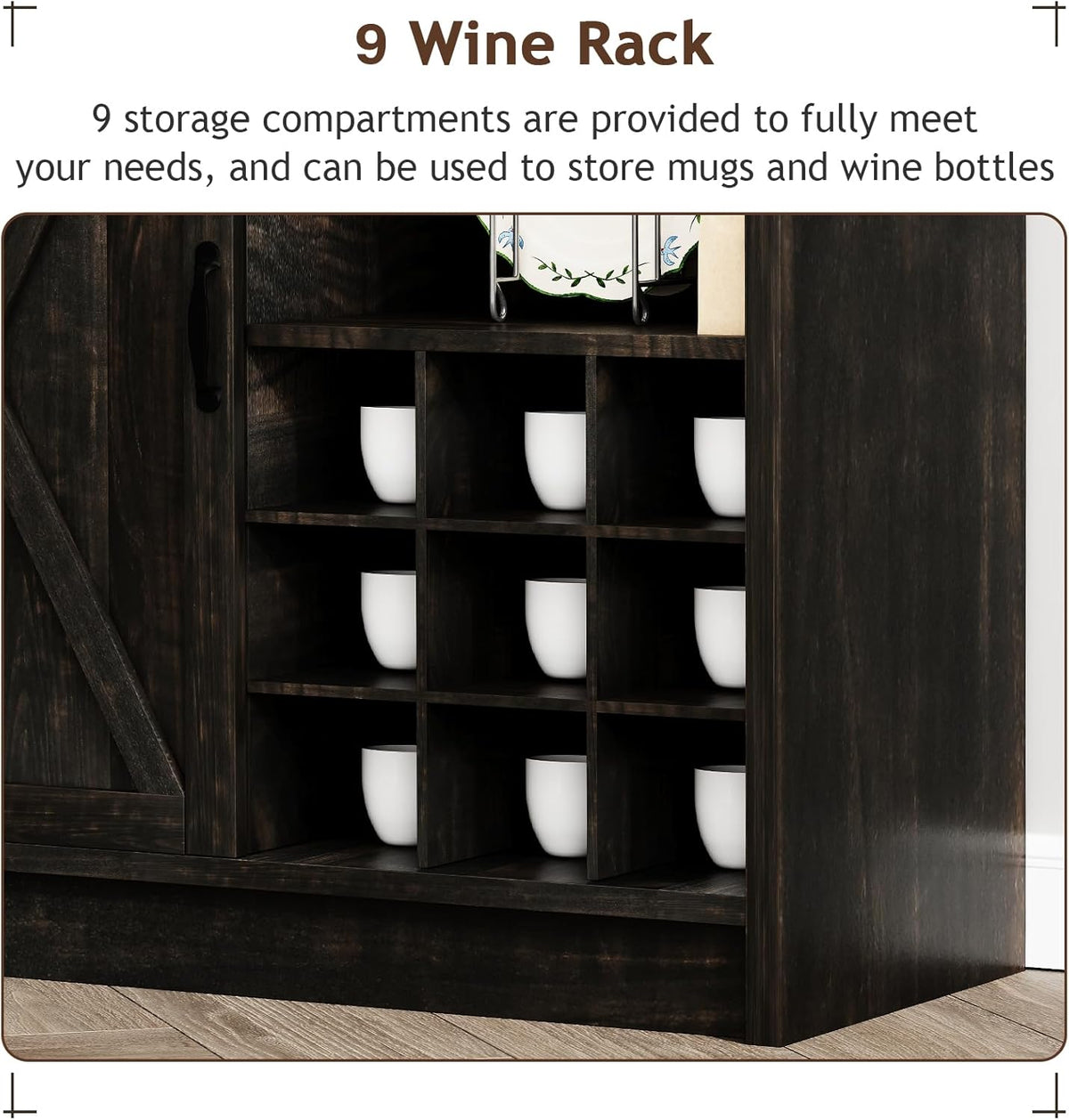 4ever2buy Farmhouse Coffee Bar Cabinet with Sliding Barn Door, 72" Hutch Coffee Bar with Storage, Large Kitchen Buffet Cabinet with Hutch, Tall Bar Cabinet Table for Living Dining Room, Oak