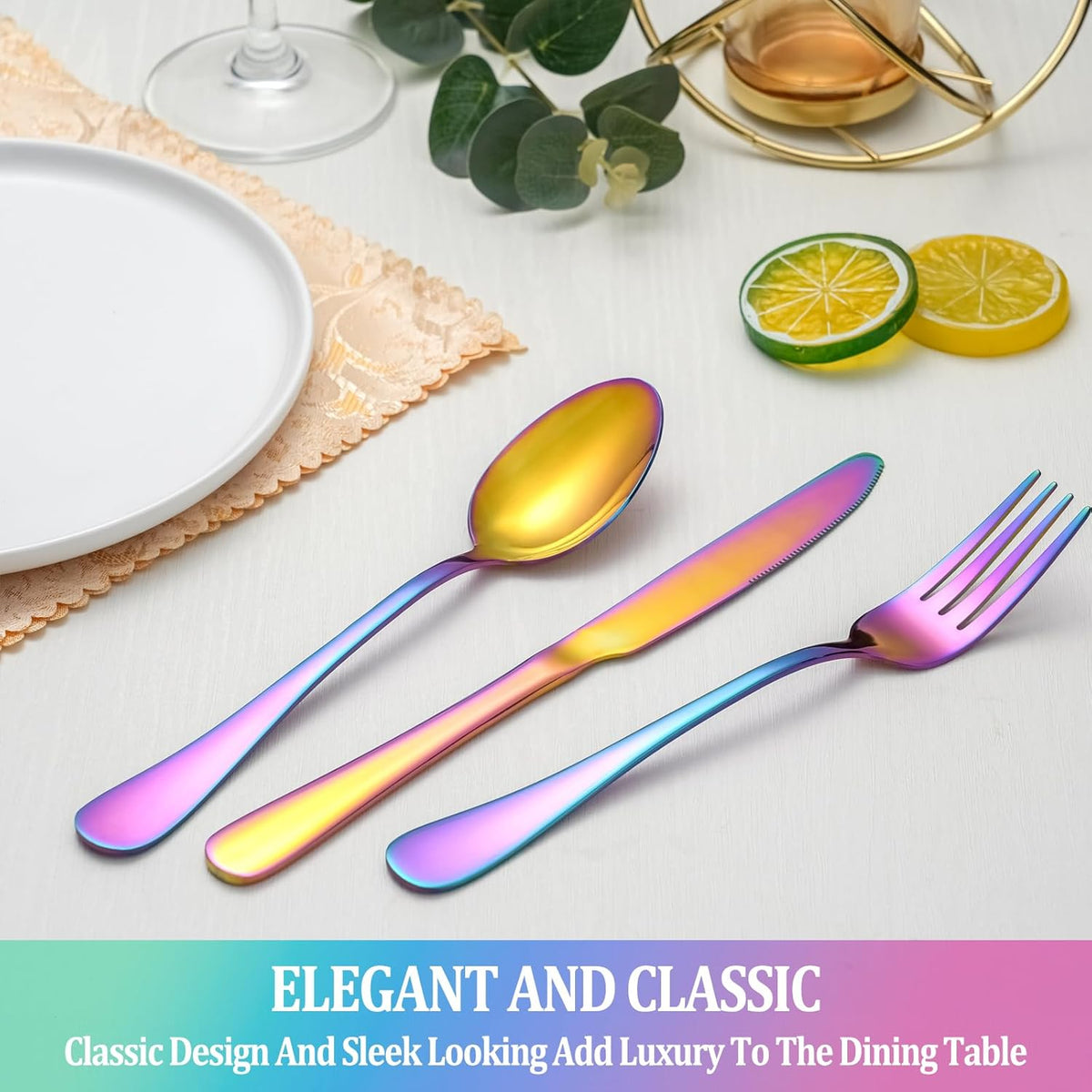 60 Pcs Rainbow Silverware Set Service for 12,Stainless Steel Flatware Serving Sets,Kitchen Tableware Set,Utensil Set for Home and Restaurant,Knives Forks Spoons Set,Mirror Polished,Dishwasher Safe
