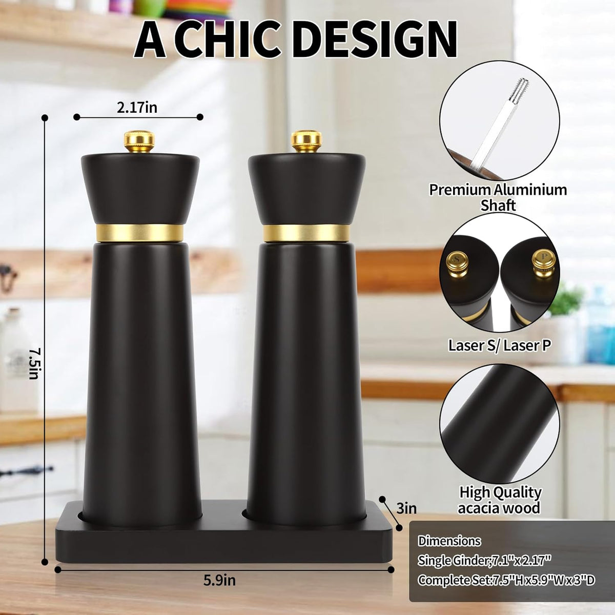 Wooden Salt and Pepper Grinder Set, Salt grinder Refillable with adjustable Coarseness, Beach Wood Pepper Grinder Manual, Salt and Pepper Shakers Matching Wooden tray-Ideal for Gifting