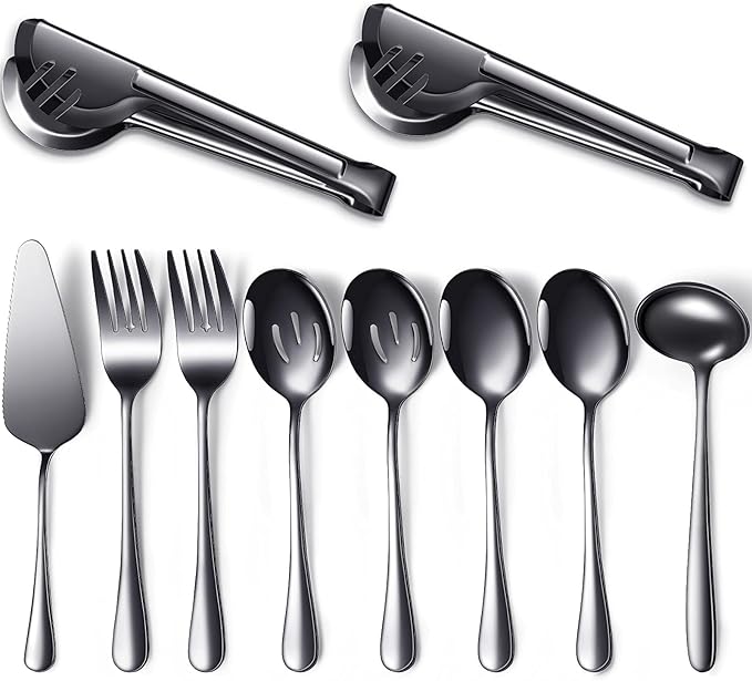 Patelai Serving Utensils Set Include Stainless Steel Large Spoons Slotted Spoons Forks Tongs Soup Ladle and Pie Server for Parties Buffet Catering, Dishwasher Safe(Black,10 Pieces)