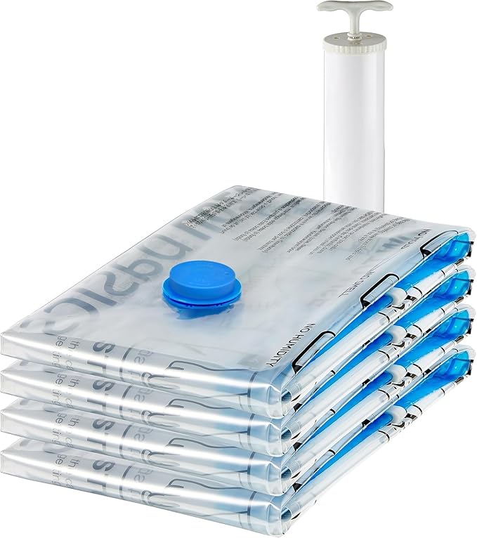 Amazon Basics Vacuum Compression Space Saving Storage Bags with Hand Pump for Clothes Packing, Ideal for Blankets, X-Jumbo Pack of 4