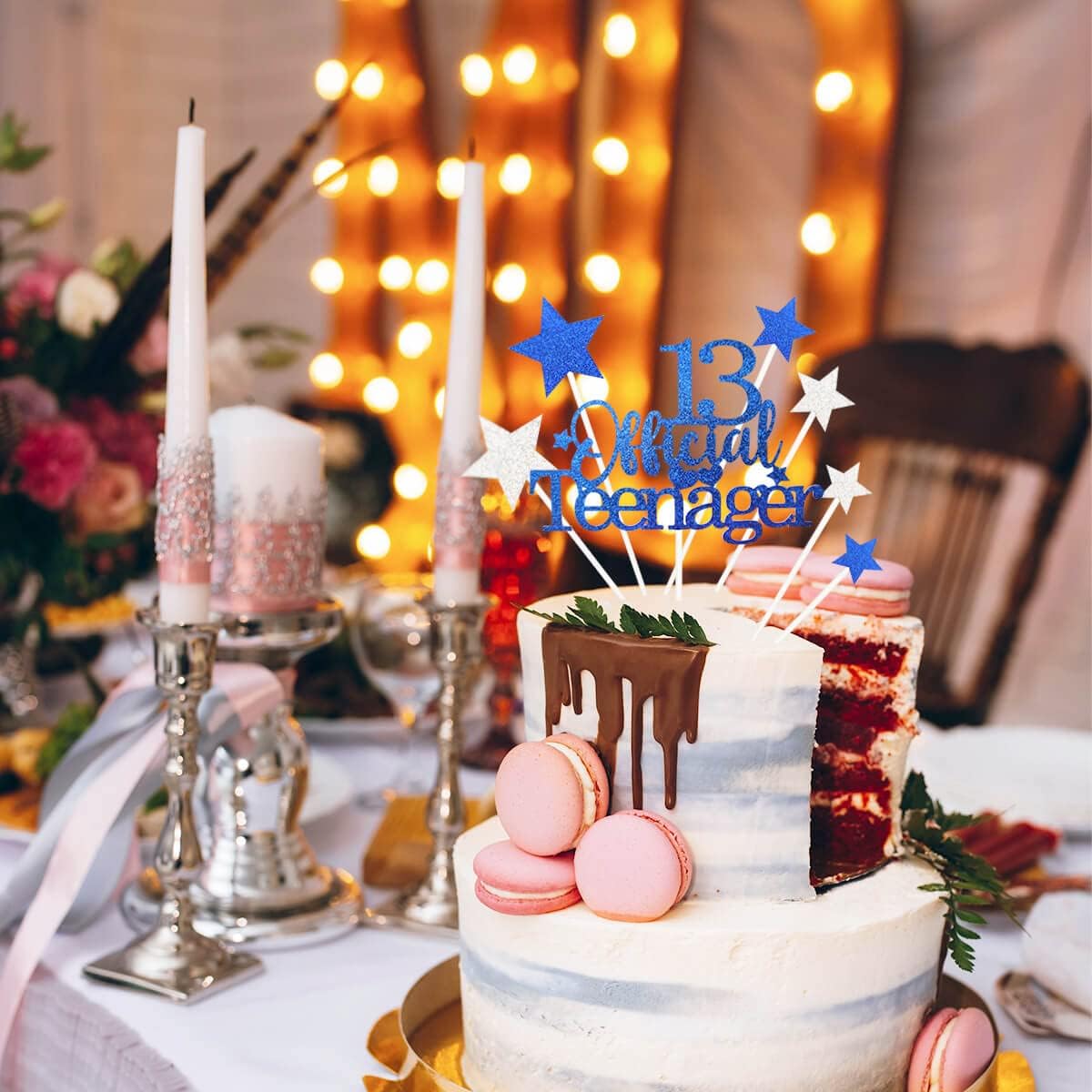 Glittery 13 Ofiicial Teenager Cake Topper with Star Boys and Girls 13th Birthday Party Supplies,Thirteen Years Old Birthday Party Decorations Royal Blue
