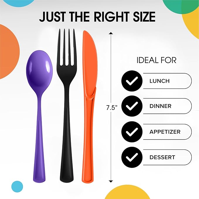 Party Solids Halloween Plastic Silverware Heavy Duty 150 Pieces Halloween Plastic Cutlery Sets, Utensil Sets, 50 Of Each Forks, Knives & Spoons Disposable Cutlery Set, Flatware Set For Party Supplies