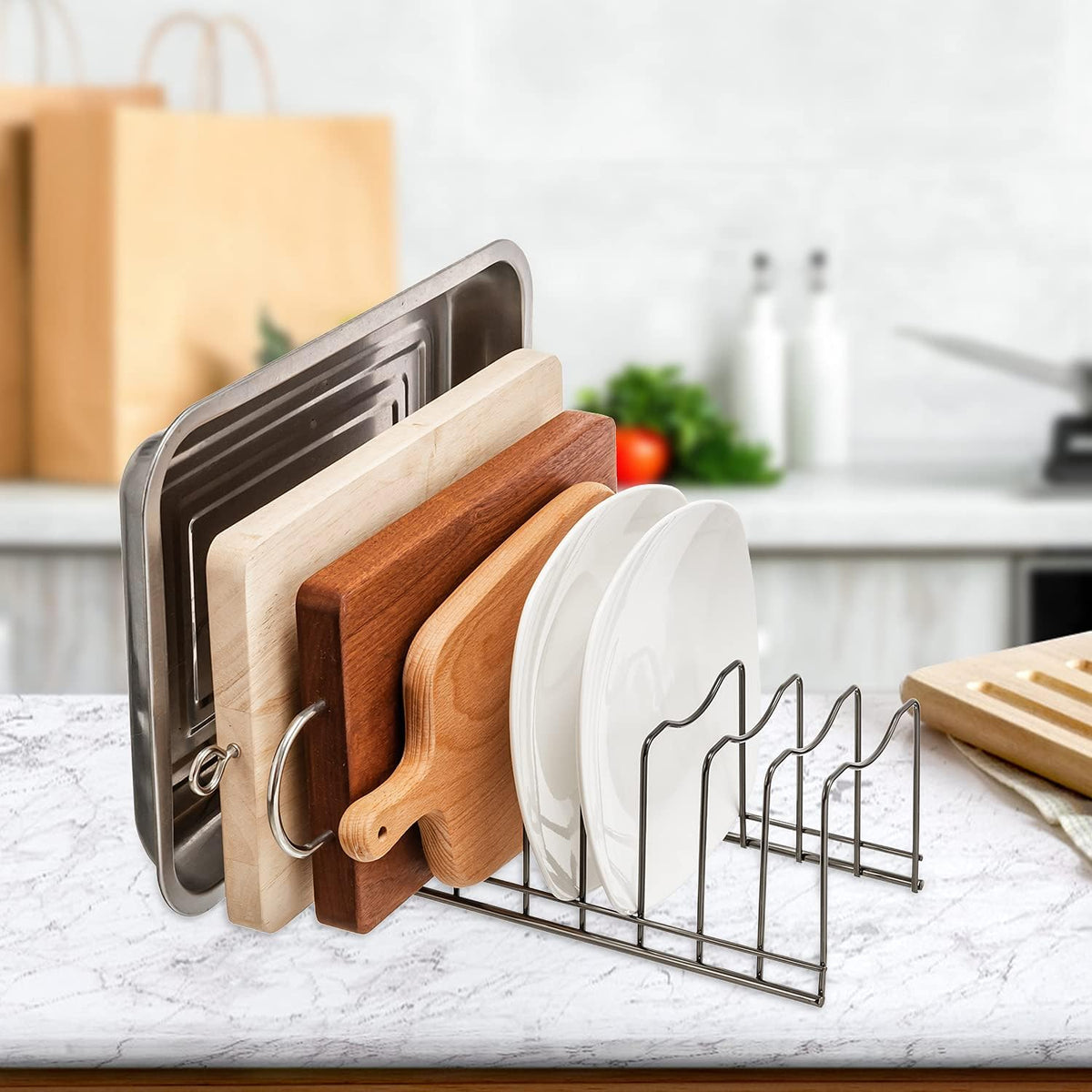 Pot Lid Organizer, Pot Lid Rack Holder, Rest Cutting Board, Bakeware, Pots & Pans, Serving Trays, Reusable Containers in Cabinet Pantry, Stainless Steel