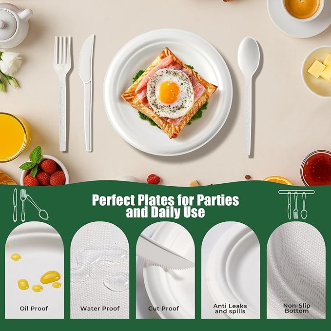 250 Pcs Biodegradable Paper Plates Set Disposable Dinnerware Set, Eco Friendly Compostable (EXTRA LONG UTENSILS), Utensil include, Forks, Knives and Spoons for Party andBirthday party, camping