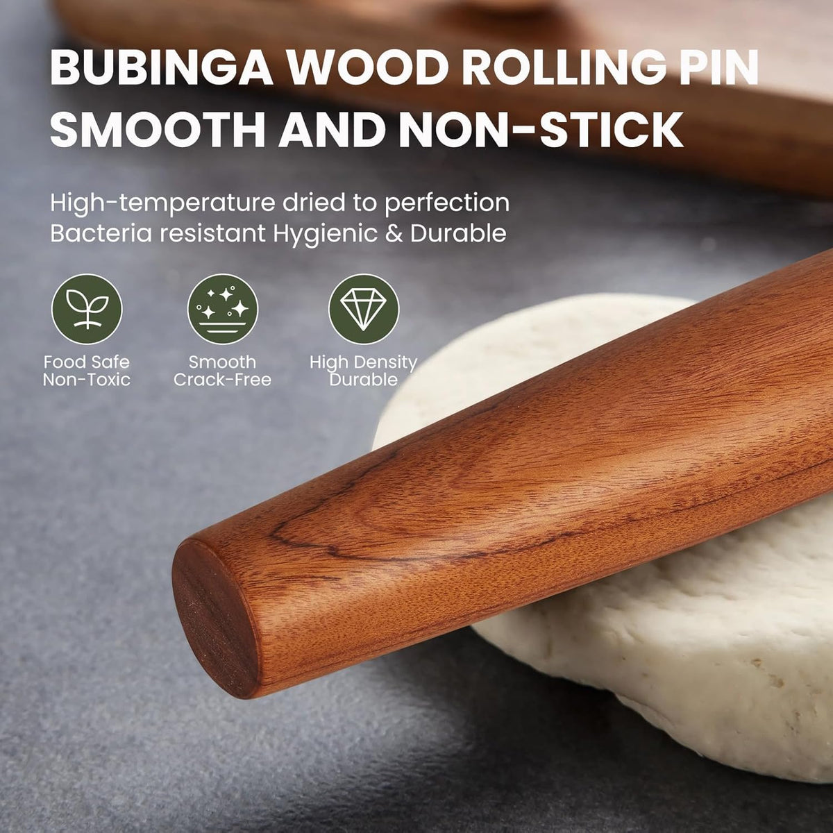 Natural Solid Bubinga Wood French Rolling Pin for Baking | Tapered Edges Type | High-Density Professional Dough Roller (French rolling pin - 15.75‘L)