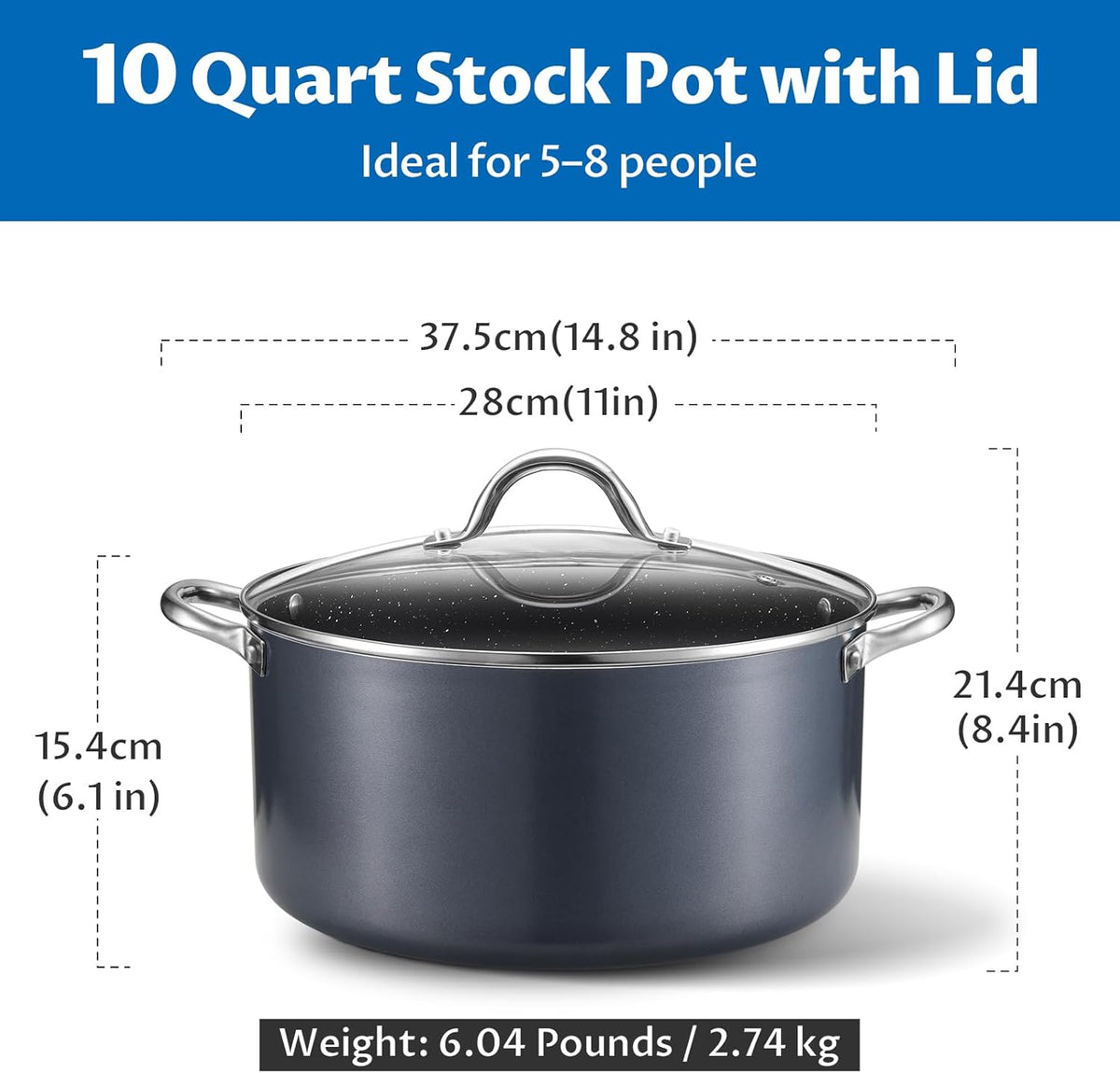 BEZIA 10 Quart Cooking Pot, Large Non Stick Induction Stock Pots with Lid, All Stove Compatible, 10 QT Aluminum Soup/Stew Pot For Large Families or Meal Prepping, Grey