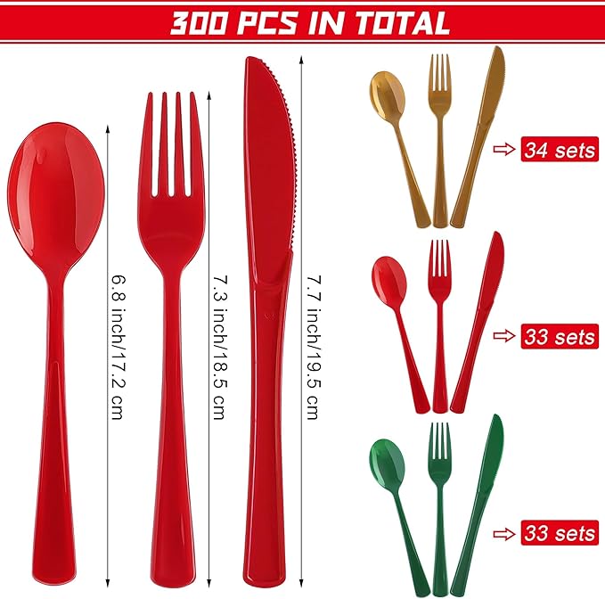 300 Pieces Christmas Plastic Silverware Heavy Duty Plastic Cutlery Set Heavyweight Disposable Flatware Includes Christmas Spoons Forks Knifes for Christmas New Year Party