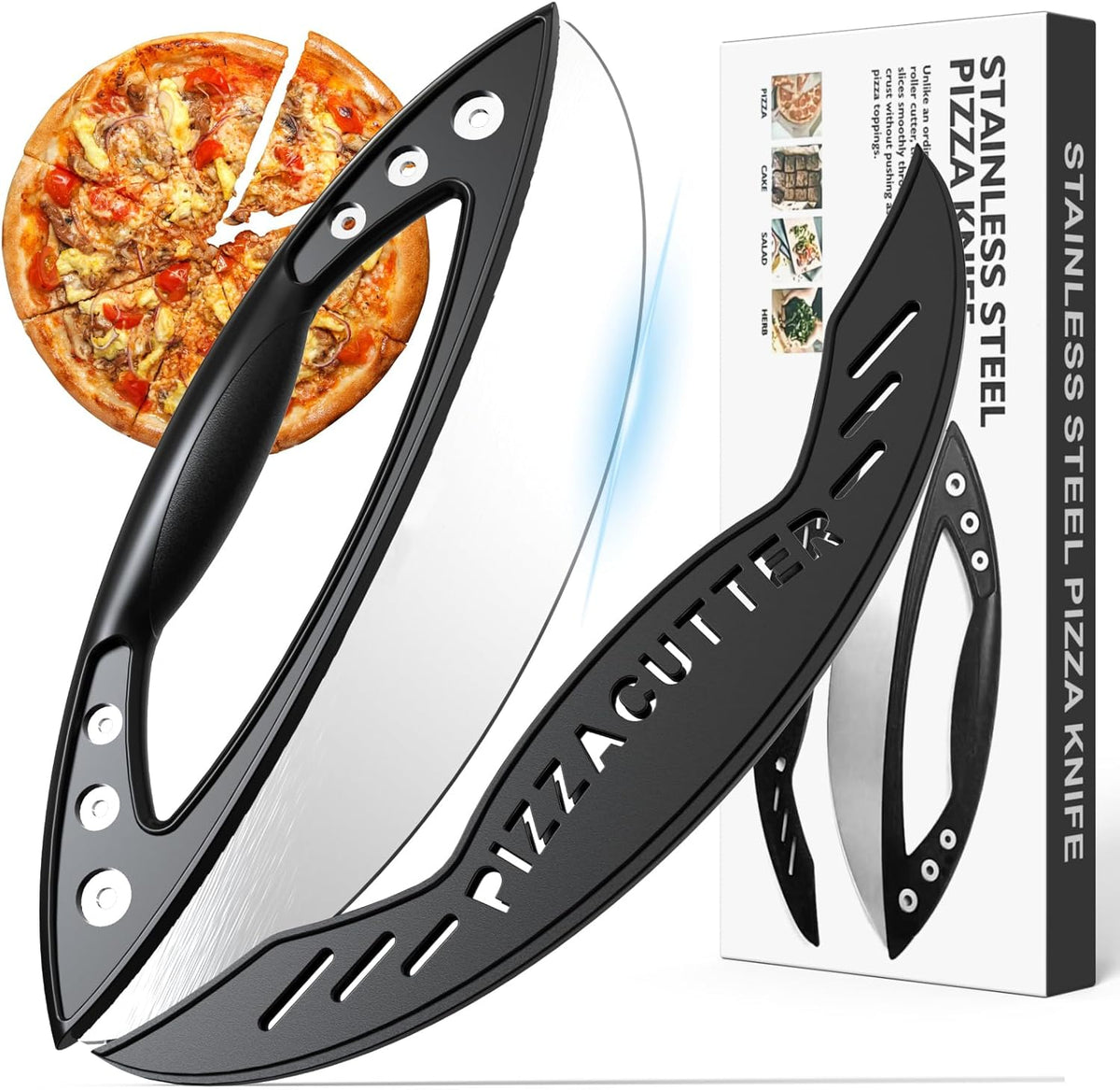 AILUROPODA 12-Inch Pizza Rocker Blade Cutter, Stainless Steel with Protective Cover, Silver