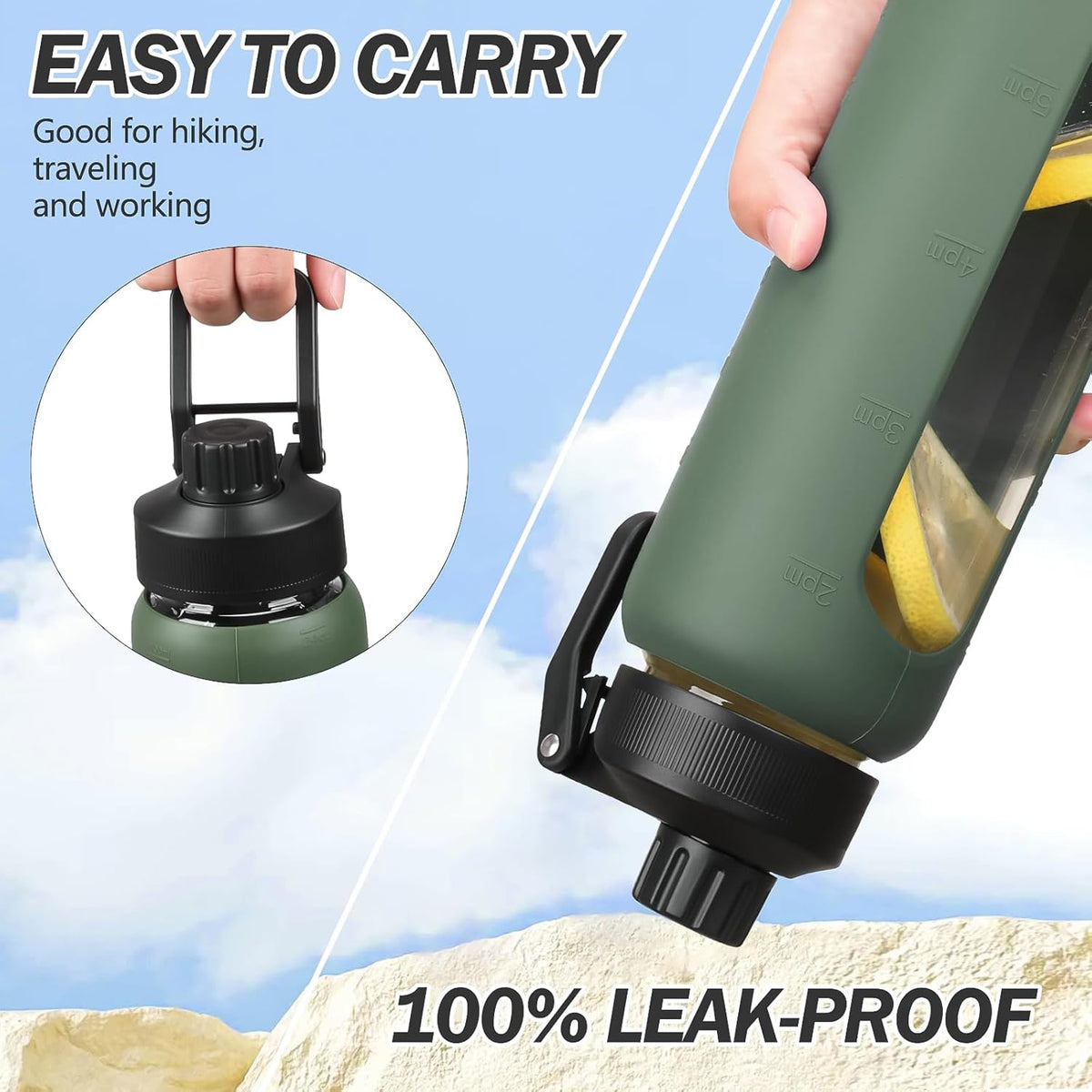 Glass Water Bottle with Straw, 24oz Glass Drinking Bottle with 2 Lids-Bamboo and Spout Lid with Phone Holder Handle for Gym Sports,with Silicone Sleeve and Time Marker,Olive