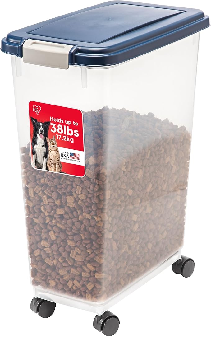 IRIS USA Airtight Dog Food Storage Container, Up to 38 lbs, Attachable Wheels, For Dog Cat Bird and Other Pet Food Storage Bin, Keep Fresh, Translucent Body, Easy Mobility, Navy