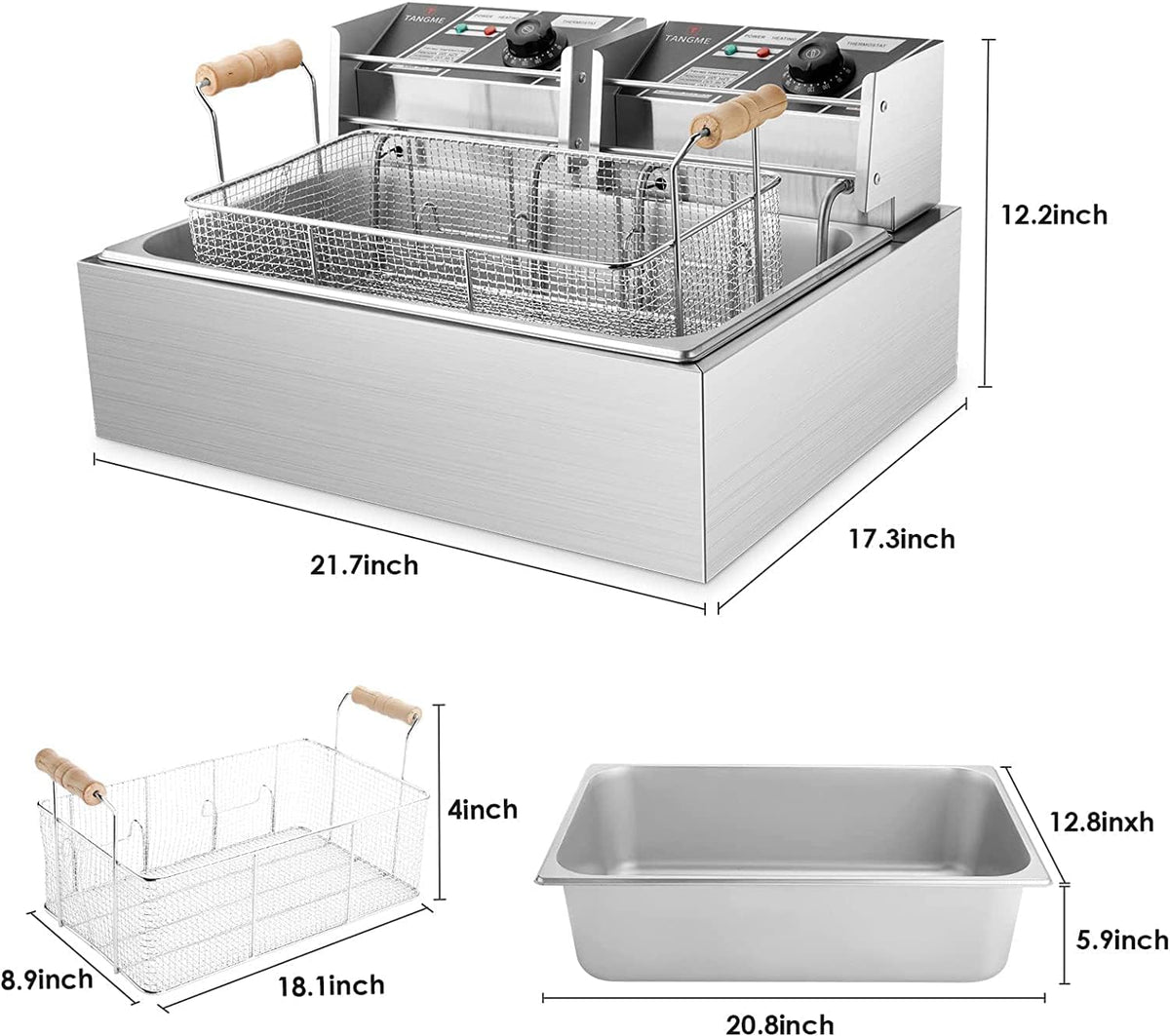 TANGME Commercial Deep Fryer, 3400w Electric Countertop Fryer with 3 Baskets, 22L/23.25Qt 1mm Thickened Stainless Steel Oil Fryer with Temperature Limiter for Restaurant, UL Certified