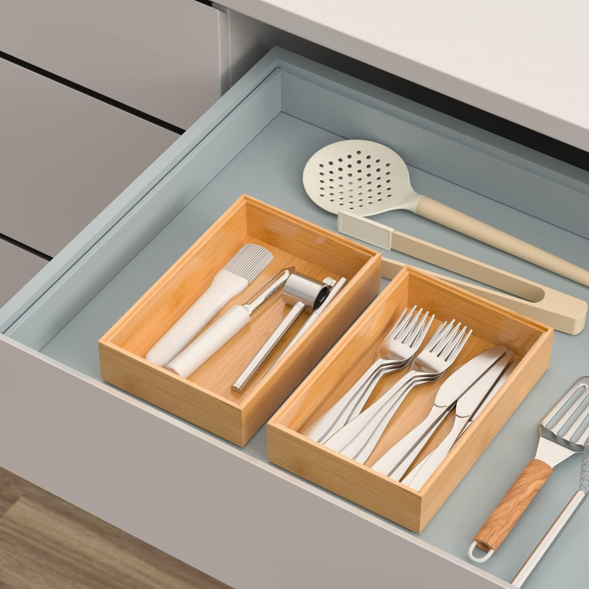 Silverware Tray for Drawer, Stackable Kitchen Bamboo Drawer Organizer 9" x 6" x 2" Set of 2