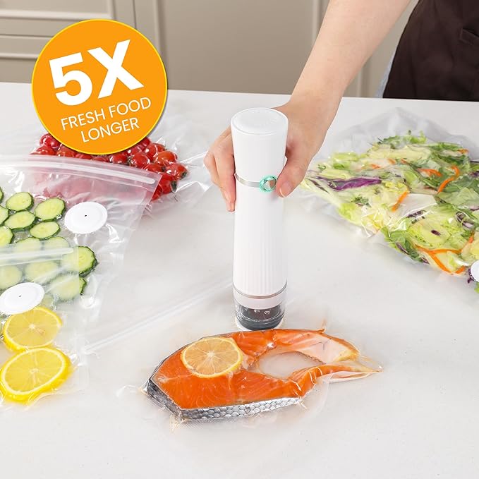 Sunvivi Portable Vacuum Sealer Machine: Food Storage Preservation, Automatic Air Sealing System with Reusable Bags, Wine Stopper & Kitchen Accessories, Handheld Food Saver for Home, Sous Vide, White