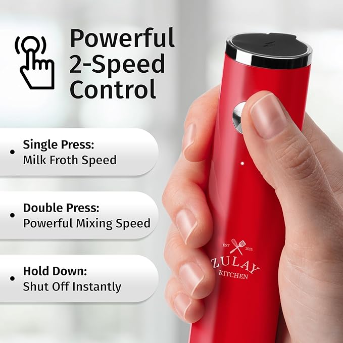 Zulay Kitchen Rechargeable Milk Frother Handheld Lux - Powerful 2-Speed Motor, Waterproof, 2000mAh Battery - Drink Mixer for Latte, Cappuccino, Matcha & Protein Powder - Scarlet