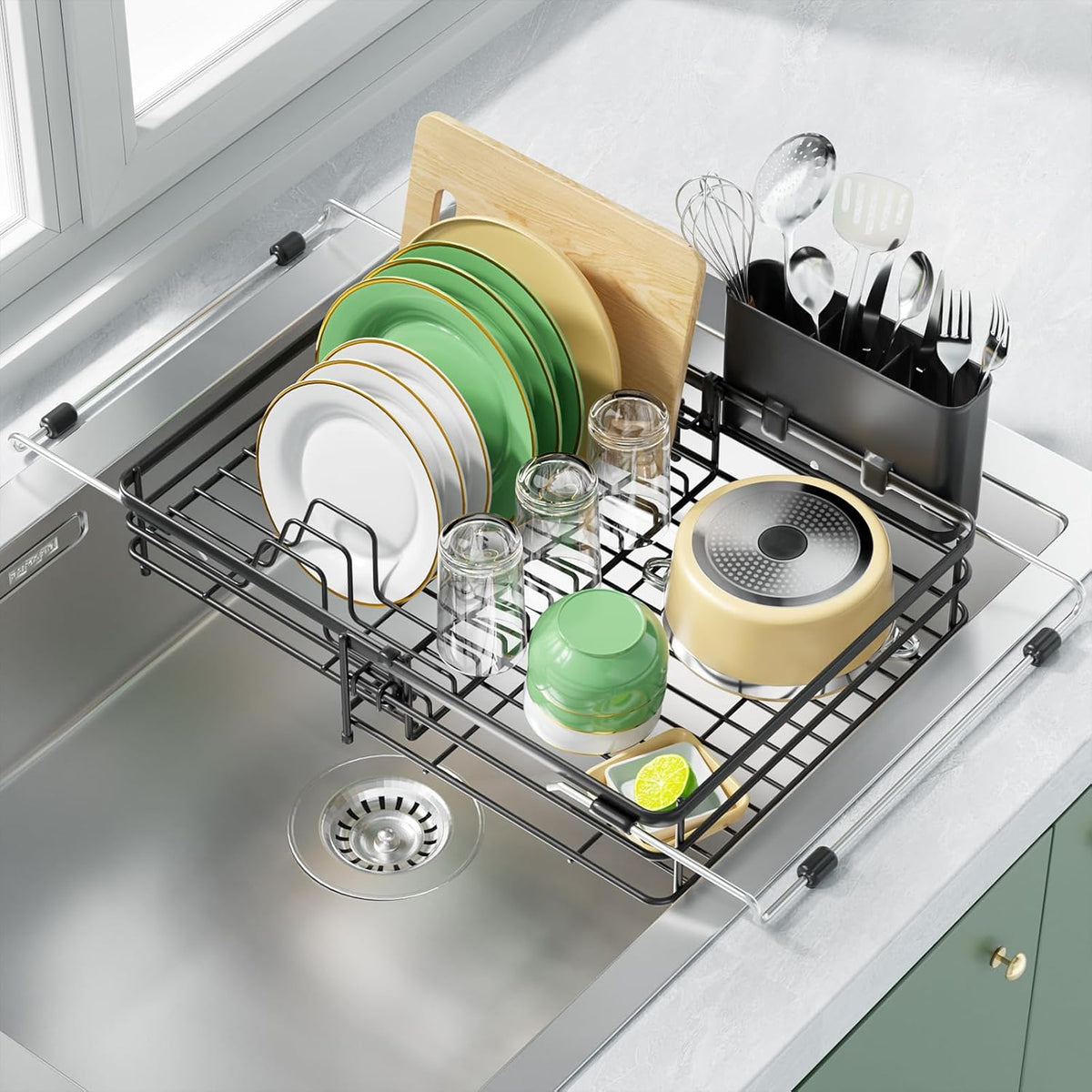 Expandable in Sink Dish Drying Rack - Adjustable Capacity (11.1''-18.43 ''L) Over Sink Dish Drainer Drying Rack for Kitchen Counter, Dish Rack with Utensil Holder
