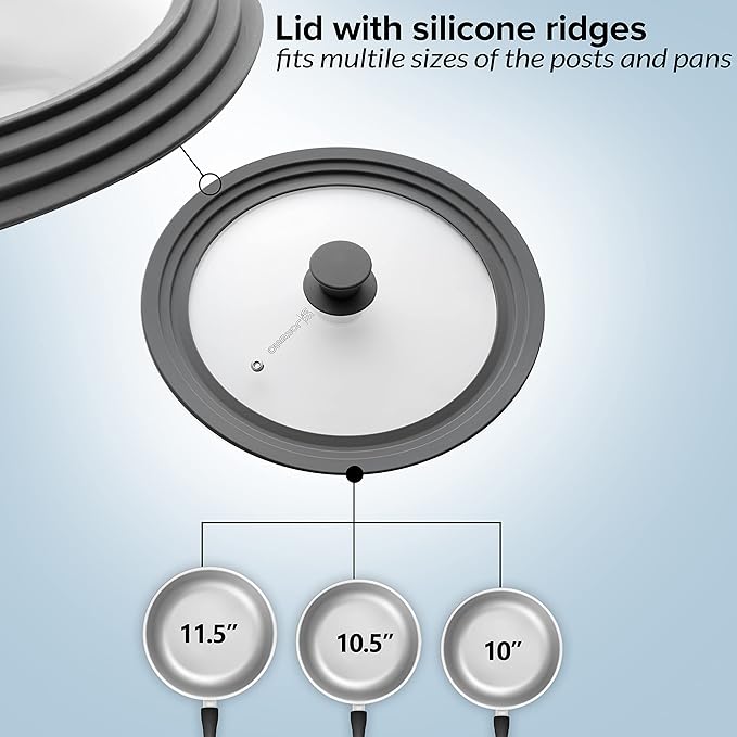 Universal Lid for Pots, Pans & Skillets Size 10", 10.5", 11" & 11.5" Cookwares -Tempered Glass with Silicon Rim-Grey