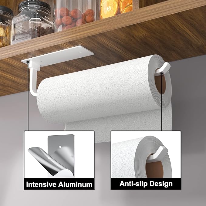 Paper Towel Holder - Self-Adhesive or Drilling, White, Upgraded Aluminum Kitchen Roll Dispenser Under Cabinet, Lighter but Stronger Than Stainless Steel!