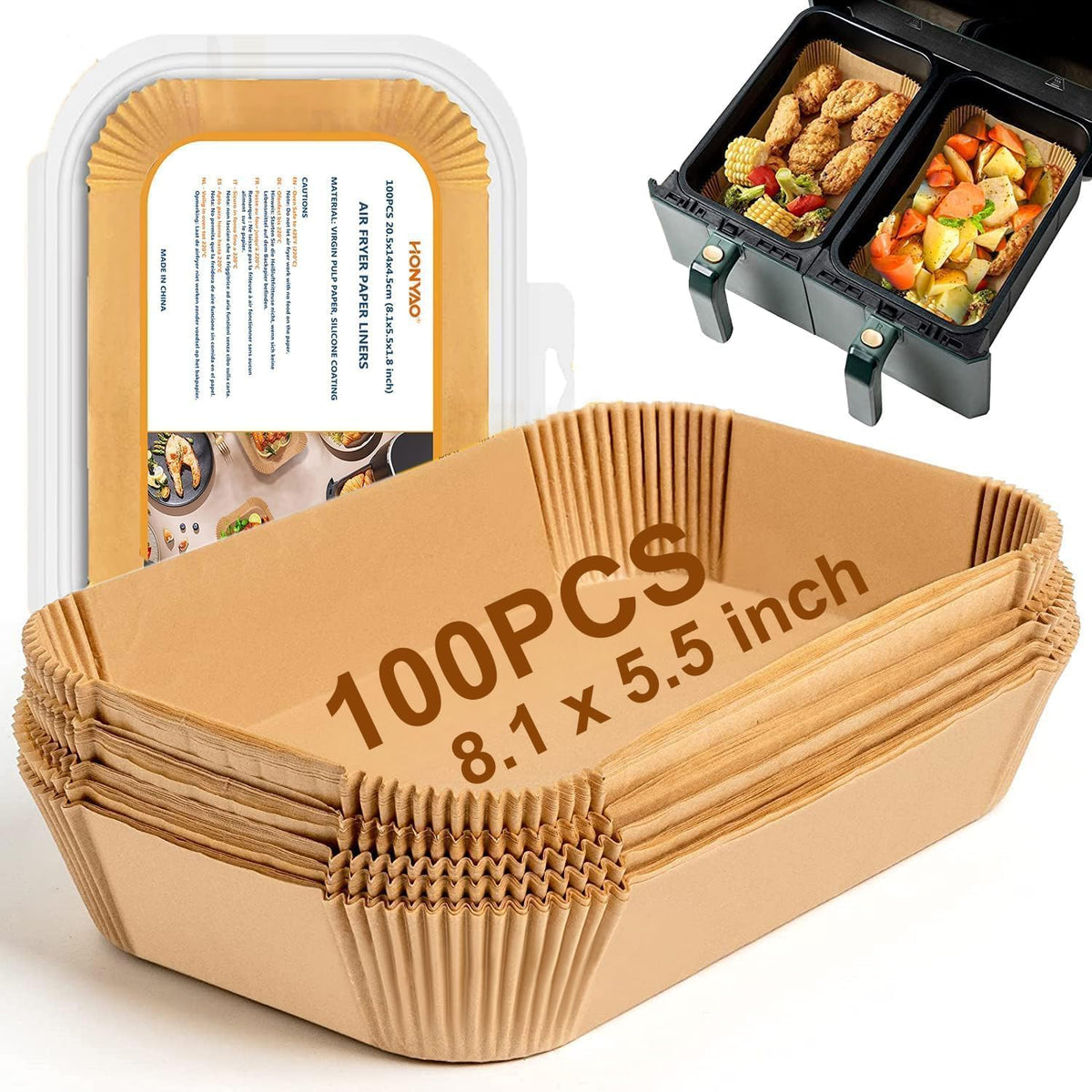 Air Fryer Paper Liners for Dual Zone Airfryer, 8.1x5.5 inch Rectangle Disposable Parchment Inserts for Two Drawer Ninja Double Stack XL 8-10 Quart Air Fryers, Food Grade Accessories BPA free
