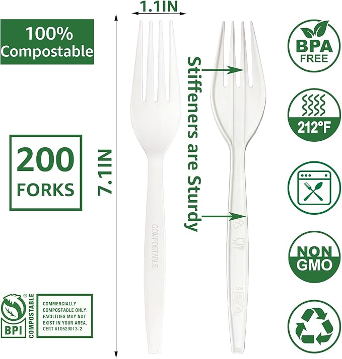 MISISIPI [7.1In 200Pcs] 100% Compostable Forks Biodegradable Forks HeavyDuty No Plastic Forks Eco-friendly HeavyWeight Disposable Forks Tableware Set for Lounge,Party,BBQ,Cafeteria,Wedding,Picnic