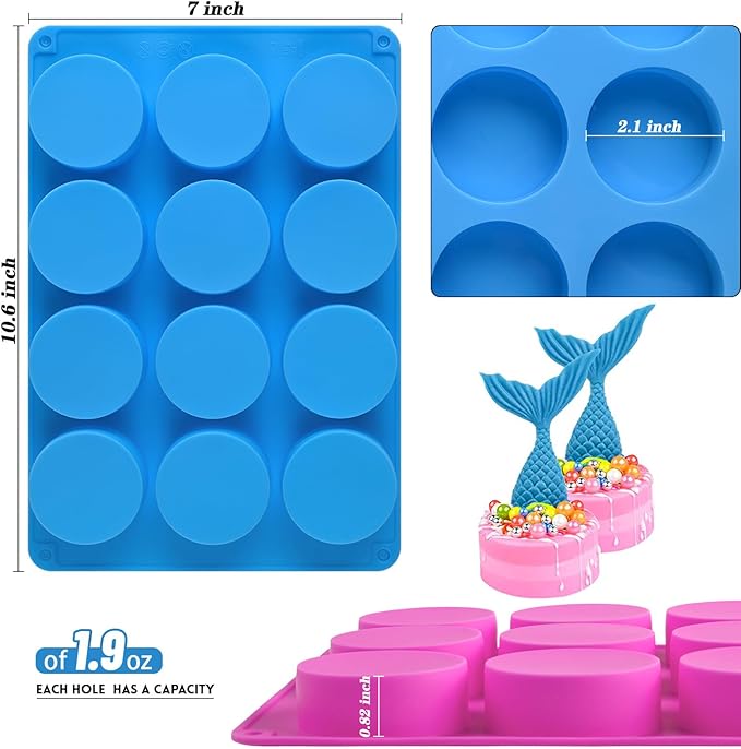 Sakolla 3 Pcs Round Chocolate Cookie Molds, 12-Cavity Cylinder Silicone Molds for Chocolate Covered Oreos, Cake, Candy, Pudding, Mini Soap (2 Rose Red+1 Blue)