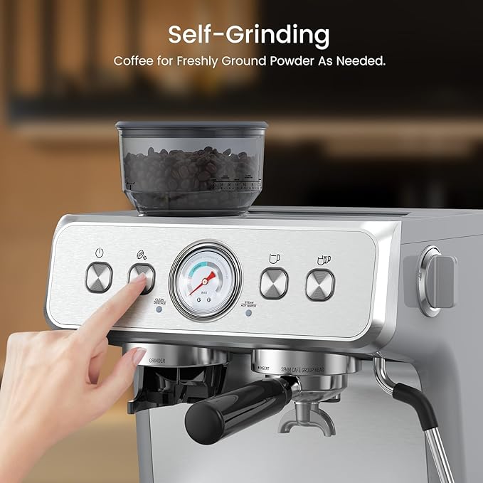 (2026 Upgrade) Espresso Machine with Grinder, Expresso Coffee Machines with Built-in Anti-Clog Coffee Grinder/Milk Steam Wand/Frother, Expresso Machines for Home Perfect Cappuccino & Latte-Silver