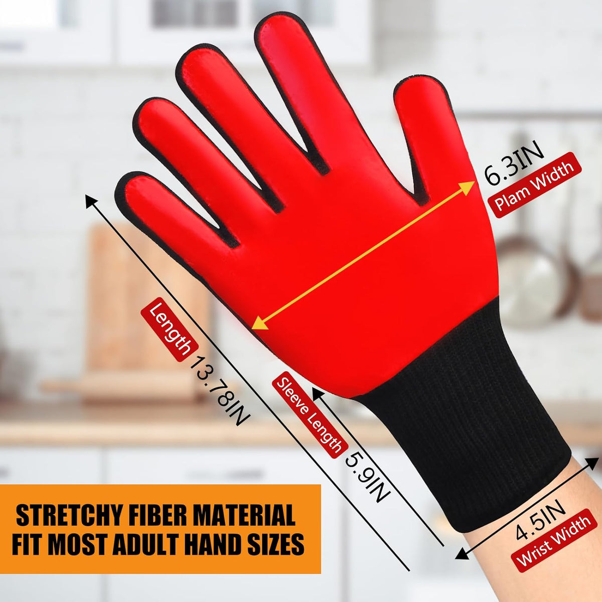 BBQ Gloves, Oven Gloves, 1472°F Extreme Heat Resistant Barbecue Gloves, Silicone Non-Slip Oven Mitts, Kitchen for Cooking, Grilling, and Baking (Red)