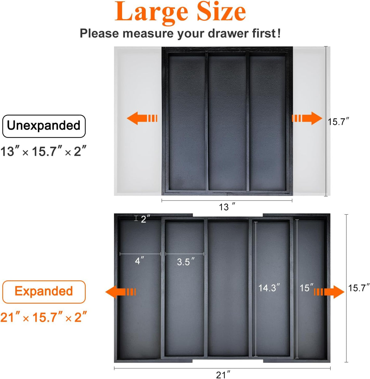 Expandable Large Kitchen Utensil Drawer Organizer Storage Black Bamboo Silverware Organizers Tray Divider Adjustable Spoon Flatware Organizer Wood Cutlery Tray Cooking Utensils Tool Holder Drawer