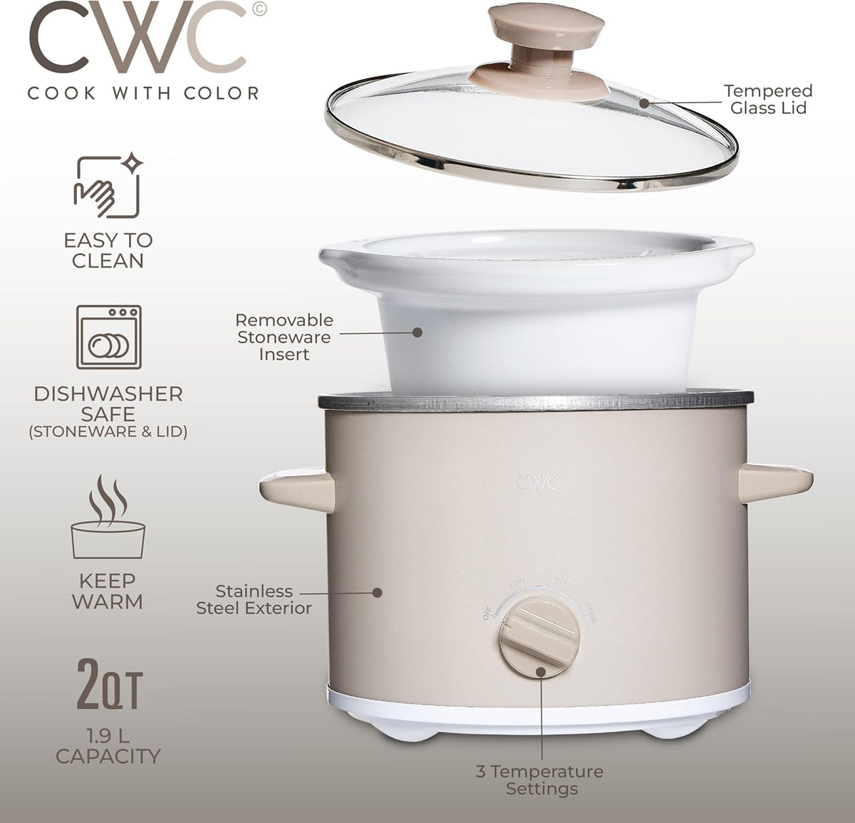 COOK WITH COLOR 2QT Mini Electric Round Slow Cooker - Adjustable Settings, Removable Stoneware Pot, Tempered Glass Lid, Dishwasher Safe, Cool-Touch Side Handles, Sand