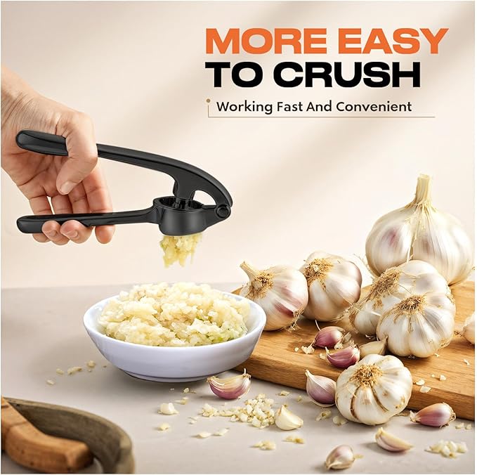 Kitchen Garlic Press, Rust Proof & Dishwasher Safe Garlic Mincer, Durable Garlic Crusher Set with Peeler＆Brush, Easy to Clean and Squeeze, Black