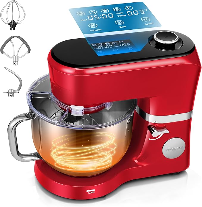 VIVOHOME Stand Mixer with Fermentation, One-Touch Presets Electric Dough Mixer with 6 Qt Bowl, Kitchen Standing Mixer for Baking, Cake with Flex Edge Beater, Bread Hook, Whisk, Red