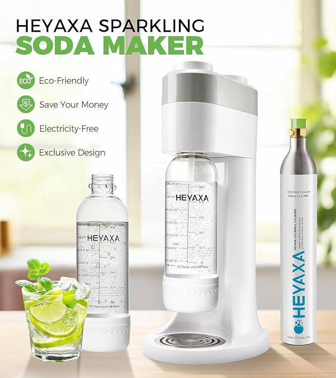 HEYAXA Sparkling Water Maker, Soda Maker Machine for Quickly Creating Refreshing Soda, Includes 2x BPA-Free 1L Carbonation Bottle, Compatible with 60L CO2 Carbonator (Pearl White)
